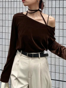 FRIFUL 女款素色不對稱肩休閒百搭日常長袖T恤 秋季 - 棕色 - 查看 7