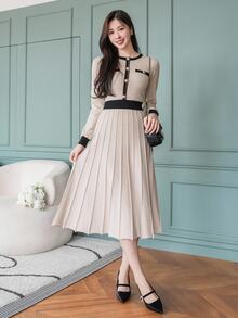 DAZY Women's Casual Elegant Color Block Mid-Length Sweater Dress, Spring Autumn,Fall Women Clothes Modest Fashion Office Blackness - Apricot - View 6