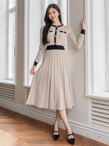 DAZY Women's Casual Elegant Color Block Mid-Length Sweater Dress, Spring Autumn,Fall Women Clothes Modest Fashion Office Blackness - Apricot - View 9