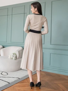 DAZY Women's Casual Elegant Color Block Mid-Length Sweater Dress, Spring Autumn,Fall Women Clothes Modest Fashion Office Blackness - Apricot - View 2