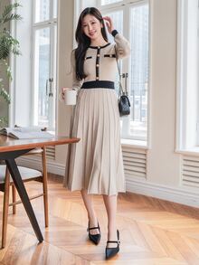 DAZY Women's Casual Elegant Color Block Mid-Length Sweater Dress, Spring Autumn,Fall Women Clothes Modest Fashion Office Blackness - Apricot - View 7