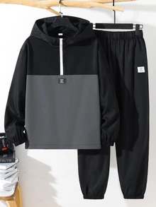 SHEIN 兒童/青少年男孩 2件組休閒運動裝飾性編織拼接撞色連帽外套與長褲套裝，適合通勤、上學、返校季、日常休閒、度假、旅行、運動，秋冬穿著，舒適 - 彩色 - 查看 2