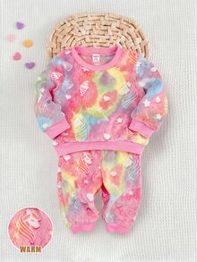 SHEIN Autumn/Winter Baby GirlCute Fluffy Colorful Loungewear Set - Pink - View 4