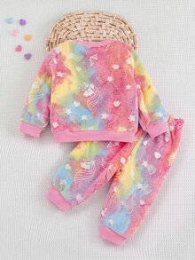 SHEIN Autumn/Winter Baby GirlCute Fluffy Colorful Loungewear Set - Pink - View 2