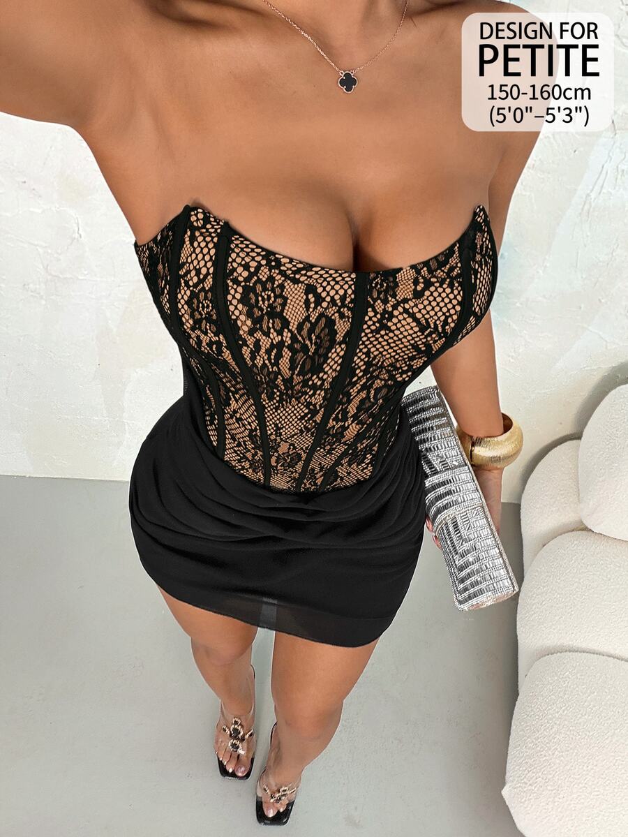 SHEIN PETITE 女款對比色蕾絲荷葉邊性感時尚細肩帶洋裝，適合嬌小女性