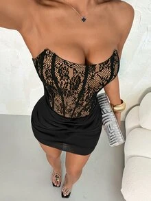 SHEIN PETITE 女款對比色蕾絲荷葉邊性感時尚細肩帶洋裝，適合嬌小女性 - 黑色 - 查看 9