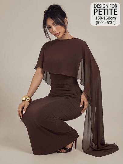 SHEIN PETITE Vestido elegante de mujer color café marrón con ajuste ceñido y chal, manga murciélago para otoño, vestido formal para fiestas de cóctel, cenas, invitada de boda, cumpleaños & San Valentín, para mujeres de talla pequeña