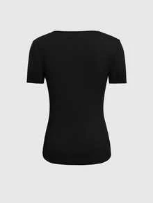 EMERY ROSE Women's Black Cotton Short Sleeve Crew Neck Fitted T-Shirt - Black - View 2