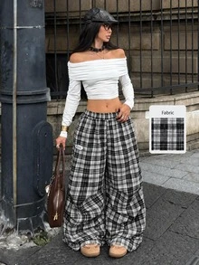 Coolane 女款秋冬街頭風休閒基本款黑色格紋寬腿運動休閒褲，適合外出、度假與日常穿著 - 黑與白 - 查看 5
