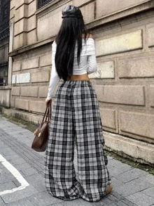 Coolane 女款秋冬街頭風休閒基本款黑色格紋寬腿運動休閒褲，適合外出、度假與日常穿著 - 黑與白 - 查看 7