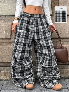 Coolane 女款秋冬街頭風休閒基本款黑色格紋寬腿運動休閒褲，適合外出、度假與日常穿著 - 黑與白 - 查看 3