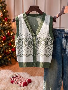 Elamini Women's Autumn/Winter Christmas Snowflake Pattern Rhombus Jacquard Button Contrast Color Cute Delicate Atmosphere Knit Sweater Vest - White - View 5