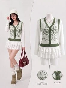 Elamini Women's Autumn/Winter Christmas Snowflake Pattern Rhombus Jacquard Button Contrast Color Cute Delicate Atmosphere Knit Sweater Vest - White - View 3