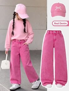 SHEIN ChillGRL 青少年女孩 Y2K 街頭風休閒日常彈力腰直筒牛仔褲，平口袋設計，日常 OOTD，秋季校園假期穿搭，亮粉色 - 玫紅色 - 查看 1