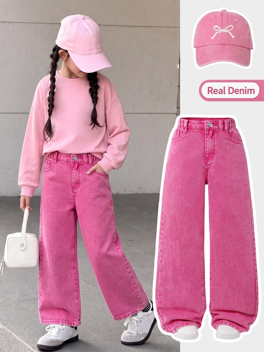 SHEIN ChillGRL 青少年女孩 Y2K 街頭風休閒日常彈力腰直筒牛仔褲,平口袋設計,日常 OOTD,秋季校園假期穿搭,亮粉色 - 玫紅色 - 查看 1