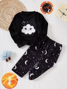 女嬰長袖上衣與長褲家居服套裝，極簡百搭風格，抓絨，雲朵刺繡與星星印花，睡衣套裝 - 黑色 - 查看 4