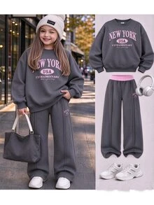 SHEIN Casuvi Kids 青少年女孩字母抓絨內裡 2 件式運動衫寬腿褲套裝，對比腰帶運動服，寬鬆休閒裝，秋季假期正式粉色 - 彩色 - 查看 14