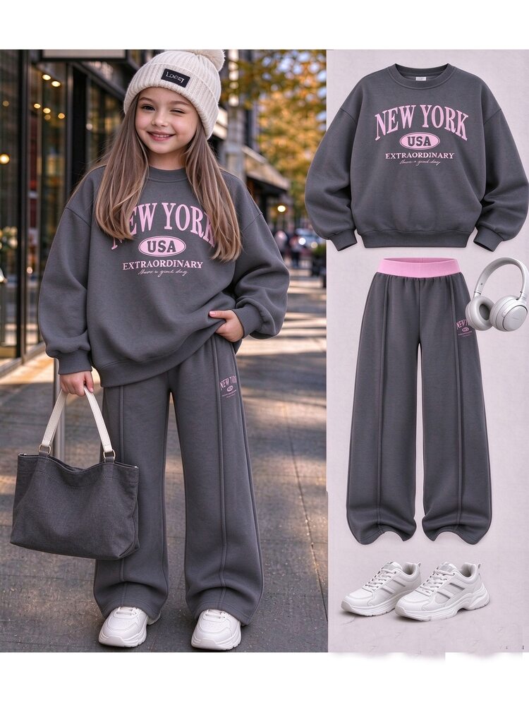 SHEIN Casuvi Kids Teen Girls Letter Fleece Lined 2 Pieces Sweatshirt Wide Leg Pants Set, Contrast Waistband Sportswear, Baggy Outfit, Fall Holiday Formal Pink - Multicolor - View 14