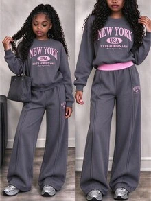 SHEIN Casuvi Kids 青少年女孩字母抓絨內裡 2 件式運動衫寬腿褲套裝，對比腰帶運動服，寬鬆休閒裝，秋季假期正式粉色 - 彩色 - 查看 5