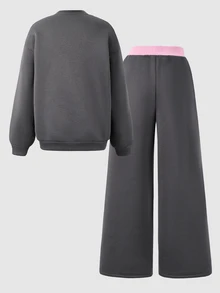 SHEIN Casuvi Kids 青少年女孩字母抓絨內裡 2 件式運動衫寬腿褲套裝，對比腰帶運動服，寬鬆休閒裝，秋季假期正式粉色 - 彩色 - 查看 2
