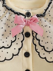 SHEIN 2件組幼兒女嬰夾克褲套裝，可愛奶油粉黑波點針織長袖圓領前扣常規版蕾絲冬季度假保暖女童裝 - 杏色 - 查看 6