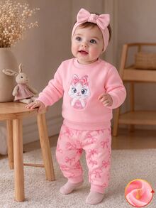 SHEIN 女嬰女幼兒粉色衛衣褲子兩件套，可愛卡通貓刺繡蝴蝶結連帽套裝，秋季嬰幼兒服飾 - 淺粉色 - 查看 12