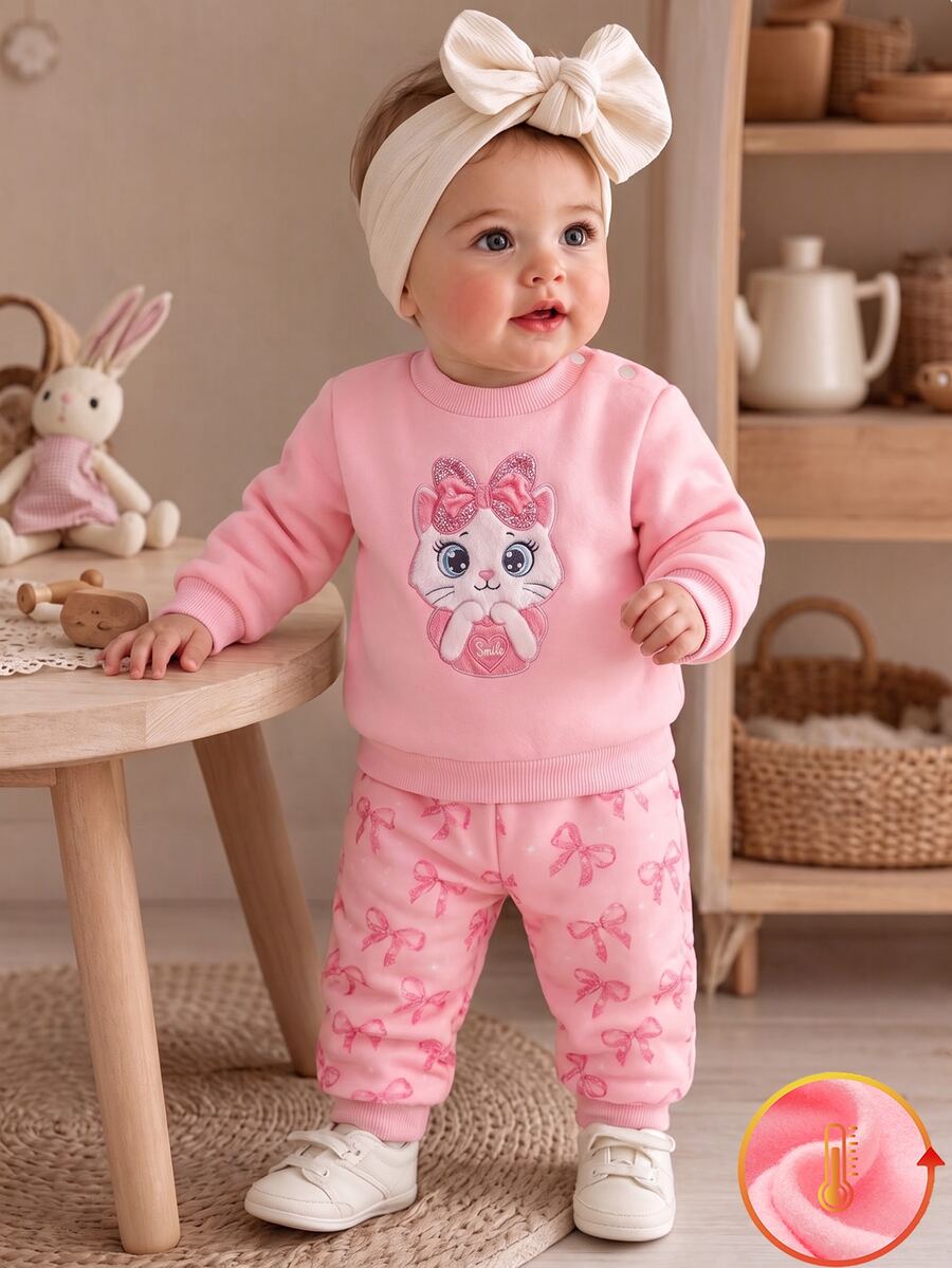 SHEIN 女嬰女幼兒粉色衛衣褲子兩件套,可愛卡通貓刺繡蝴蝶結連帽套裝,秋季嬰幼兒服飾 - 淺粉色 - 查看 1