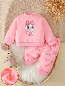 SHEIN 女嬰女幼兒粉色衛衣褲子兩件套，可愛卡通貓刺繡蝴蝶結連帽套裝，秋季嬰幼兒服飾 - 淺粉色 - 查看 11
