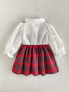 SHEIN 2件組幼女可愛學院風紅色格紋白色蝴蝶結荷葉邊百褶長袖領口常規款派對秋季假期套裝 - 紅色 - 查看 2