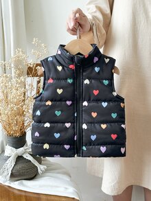 SHEIN 1件女嬰幼童加厚羽絨背心，可愛甜美黑色彩虹愛心印花，絎縫無袖立領，適合戶外冬季假期公主風 - 黑色 - 查看 3