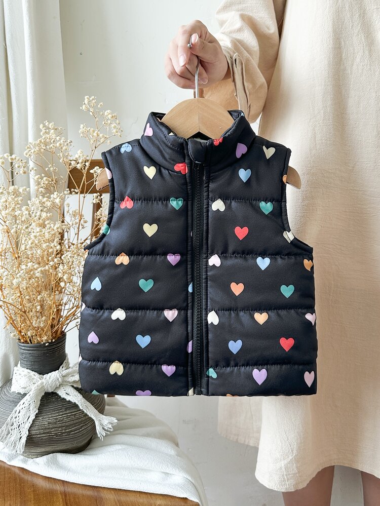 SHEIN 1pc Baby Girl Toddler Puffer Vest Cute Sweet Black Rainbow Heart Print Quilted Sleeveless Stand Collar Thick Outdoor Winter Holiday Princess - Black - View 3