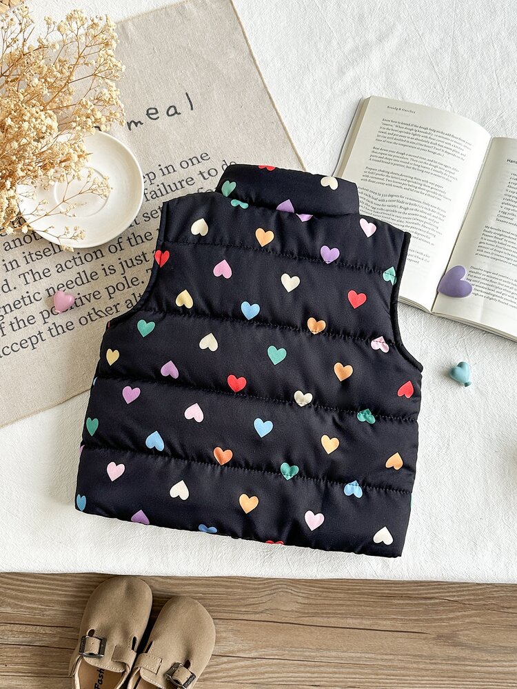 SHEIN 1pc Baby Girl Toddler Puffer Vest Cute Sweet Black Rainbow Heart Print Quilted Sleeveless Stand Collar Thick Outdoor Winter Holiday Princess - Black - View 2