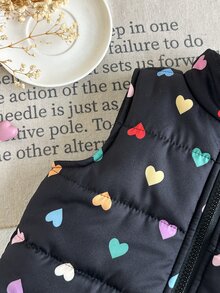 SHEIN 1件女嬰幼童加厚羽絨背心，可愛甜美黑色彩虹愛心印花，絎縫無袖立領，適合戶外冬季假期公主風 - 黑色 - 查看 5