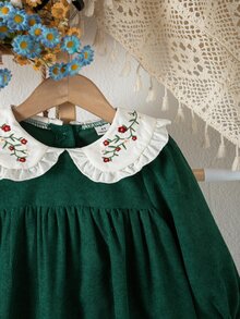 SHEIN 女童彼得領百褶休閒仙女公主風日常秋季洋裝，聖誕 7 歲生日母女套裝 - 墨綠色 - 查看 3