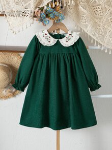 SHEIN 女童彼得領百褶休閒仙女公主風日常秋季洋裝，聖誕 7 歲生日母女套裝 - 墨綠色 - 查看 5