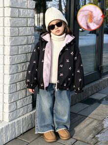 女童新款保暖內裡加厚連帽外套 1件裝，黑色底色搭配可愛滿版蝴蝶結圖案，對比粉色拉鍊，保暖內裡，連帽設計，彈性袖口，長袖，甜美可愛休閒極簡風，適合日常穿著、上學、外出、度假、派對、節日，秋冬款 - 黑色 - 查看 4