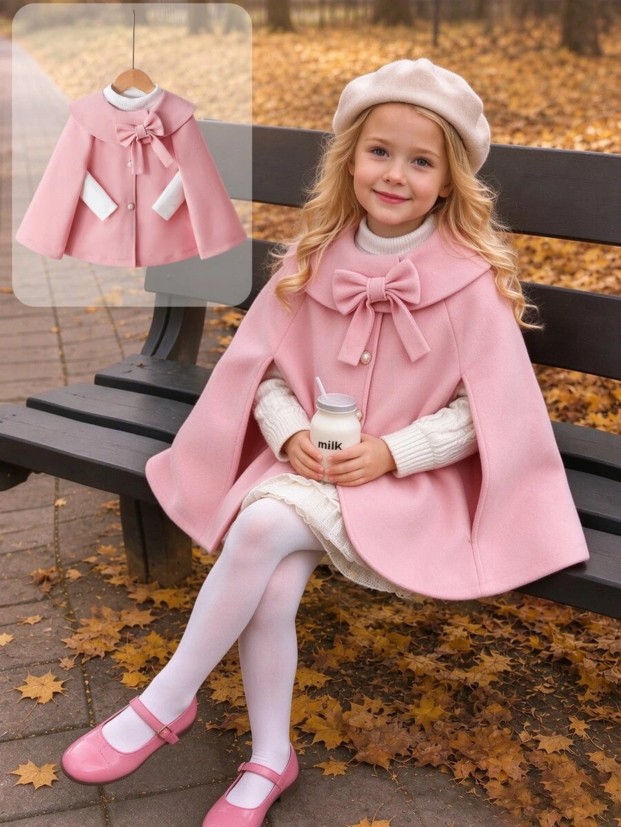 SHEIN Elladie kids 女孩粉色披肩領斗篷大衣，附蝴蝶結，可愛少女風秋季穿搭，適合節慶派對與日常場合