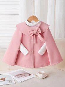 SHEIN Elladie kids 女孩粉色披肩領斗篷大衣，附蝴蝶結，可愛少女風秋季穿搭，適合節慶派對與日常場合 - 粉色 - 查看 8