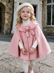 SHEIN Elladie kids 女孩粉色披肩領斗篷大衣，附蝴蝶結，可愛少女風秋季穿搭，適合節慶派對與日常場合 - 粉色 - 查看 6