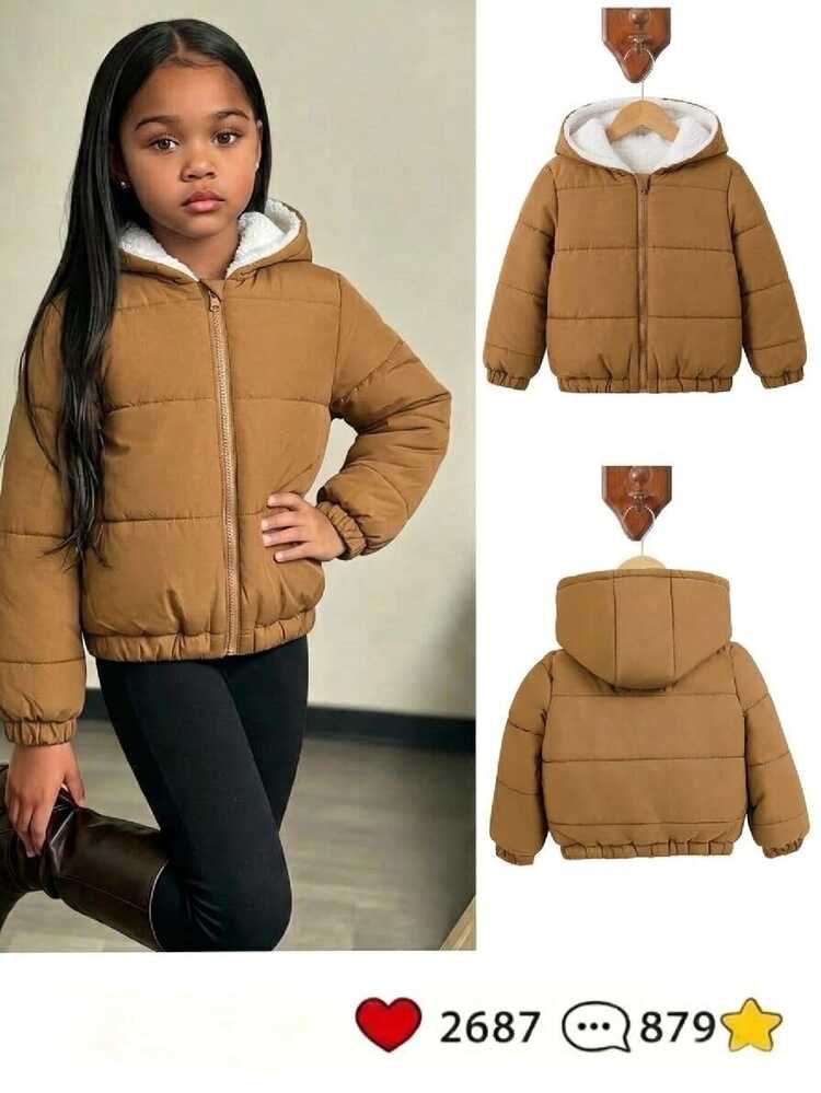 Young Girls&Boys Neutral Season Toddler Outdoor Casual Minimalist Brown Quilted Hooded Zip-Up Cardigan Padded Coat, Suitable For Outdoor, Winter - Brown - View 2