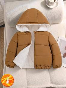 幼童男女通用季節性戶外休閒極簡風棕色絎縫連帽拉鍊開襟夾棉外套，適合戶外與冬季穿著 - 棕色 - 查看 8