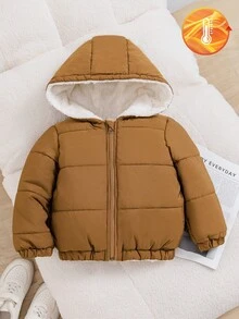幼童男女通用季節性戶外休閒極簡風棕色絎縫連帽拉鍊開襟夾棉外套，適合戶外與冬季穿著 - 棕色 - 查看 5