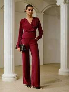ZEYLAH Women's Solid Color V-Neck Casual Everyday Blouse - Burgundy - View 6