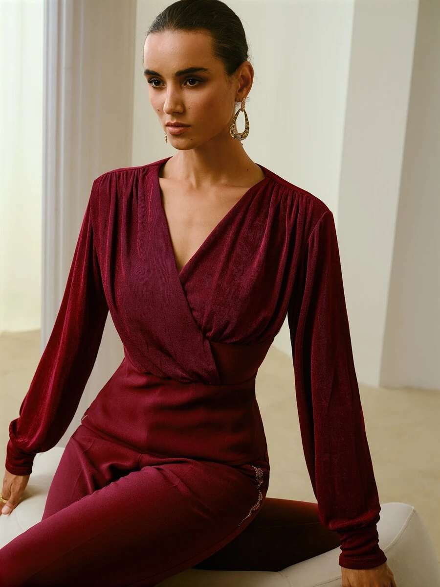 ZEYLAH Women's Solid Color V-Neck Casual Everyday Blouse - Burgundy - View 1