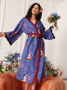 Chillnights Frida Kahlo X SHEIN رداء نسائي بأكمام طويلة مع ربطة خصر - متعدد الألوان - مشاهدة 5