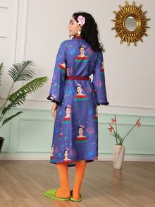 Chillnights Frida Kahlo X SHEIN رداء نسائي بأكمام طويلة مع ربطة خصر - متعدد الألوان - مشاهدة 2