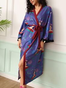 Chillnights Frida Kahlo X SHEIN رداء نسائي بأكمام طويلة مع ربطة خصر - متعدد الألوان - مشاهدة 3