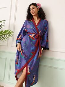 Chillnights Frida Kahlo X SHEIN رداء نسائي بأكمام طويلة مع ربطة خصر - متعدد الألوان - مشاهدة 1