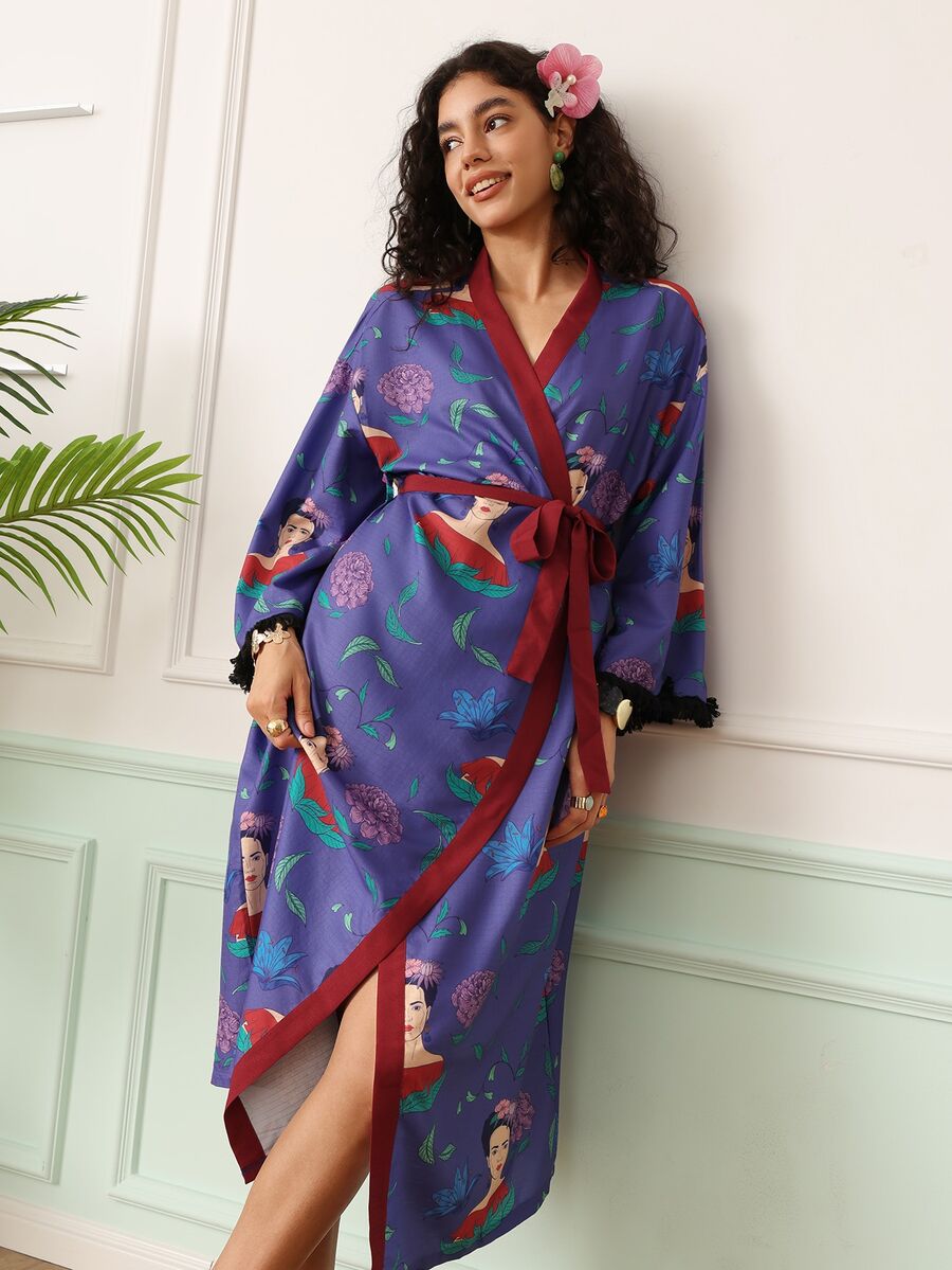 Chillnights Frida Kahlo X SHEIN رداء نسائي بأكمام طويلة مع ربطة خصر - متعدد الألوان - مشاهدة 1