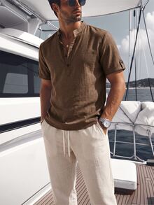 Genlund Men's Casual Tropical Modest V-Neck Short-Sleeve Shirt And Pants Linen Set, Summer, Vintage Style, Comfortable Outfit... Vacation Brown Off-White - Multicolor - View 8